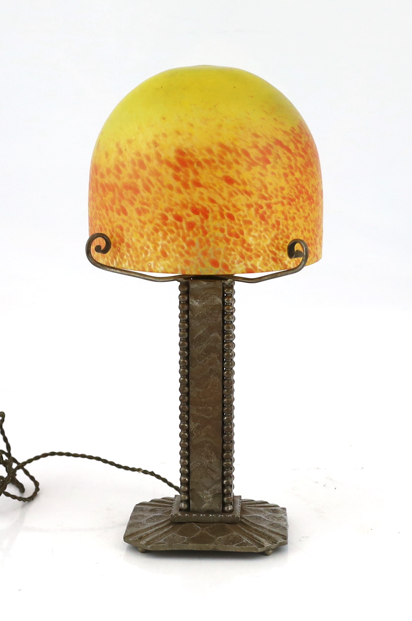 Mulaty, a Continental Arts & Craft wrought iron and marbled glass table lamp, in the manner of Edgar Brandt, 17cm diameter, 36cm high